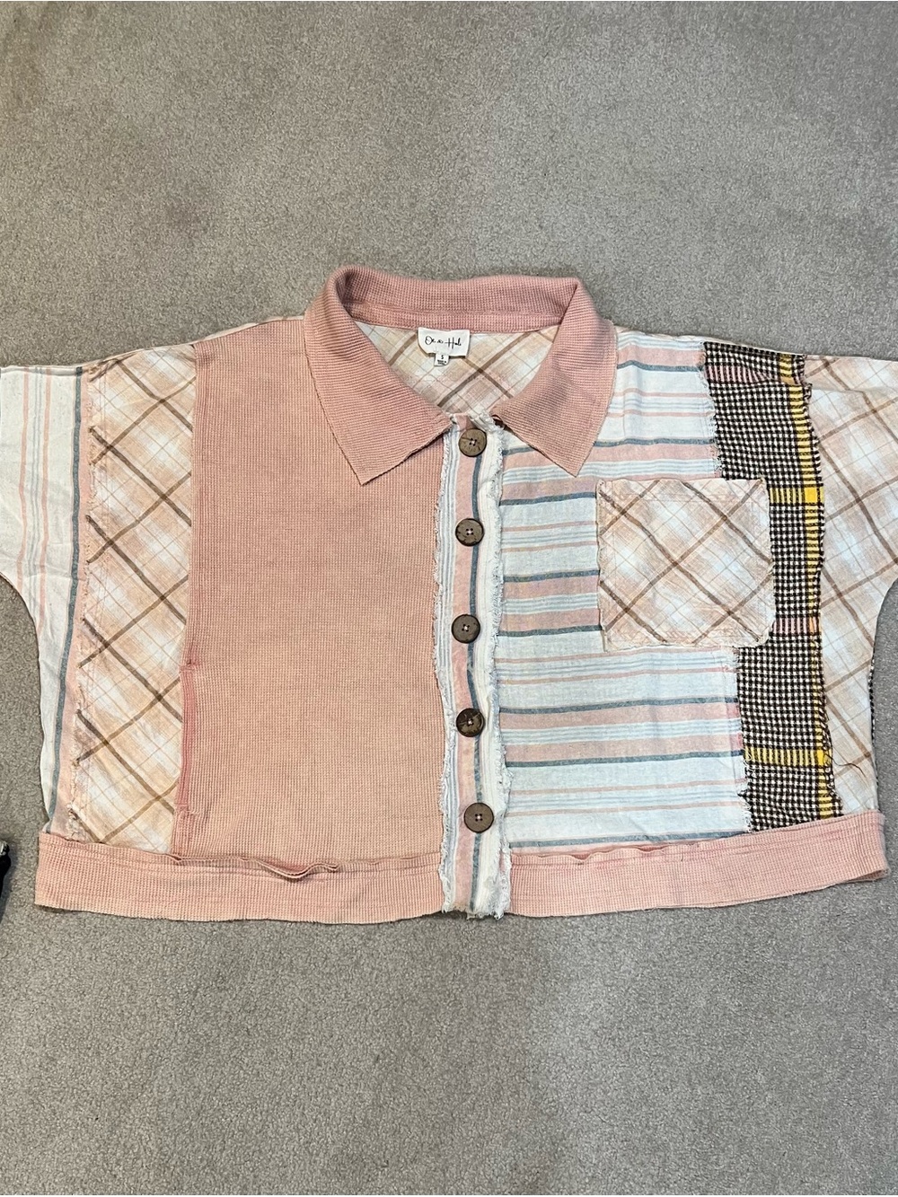 Patchwork Button-Front Top in Dusty Pink